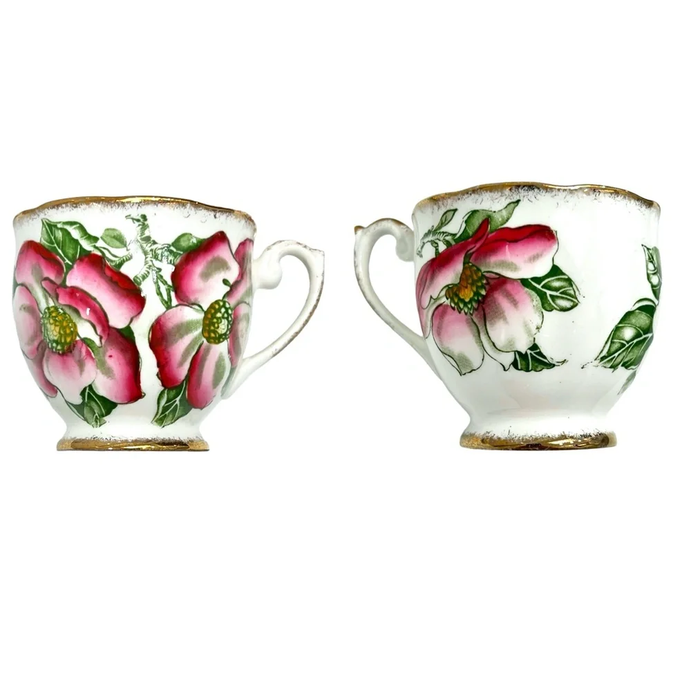 QUEEN ANNE MAGNOLIA BONE CHINA SET OF 5 CUPS & SAUCERS & 1 CREAMER WITH SAUCER